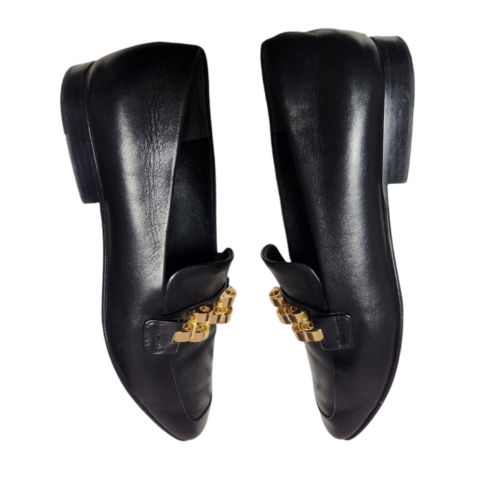 Veronica Beard Black Leather Loafers with Gold Accent